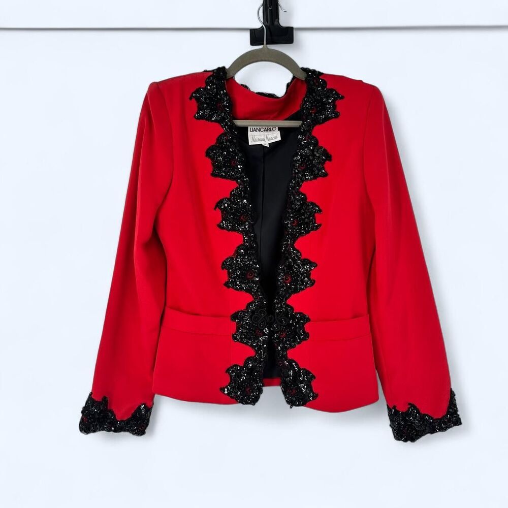 Liancarlo Neiman Marcus Scarlet Red Sequin Lace Trim Evening Jacket cL1980’s